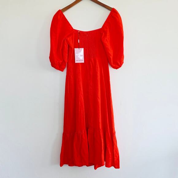 Avec Les Filles Coral Orange Puff Sleeve Side Slit Tiered Midi Dress Sz 2 XS - Picture 3 of 11